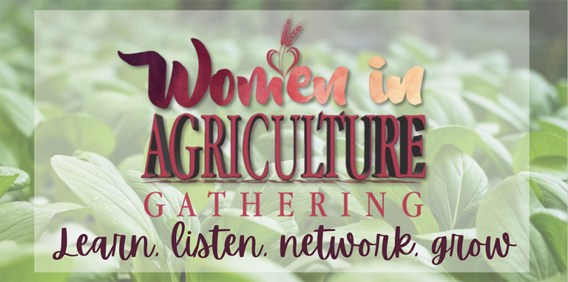 women in agriculture graphic, red text, green leaves 